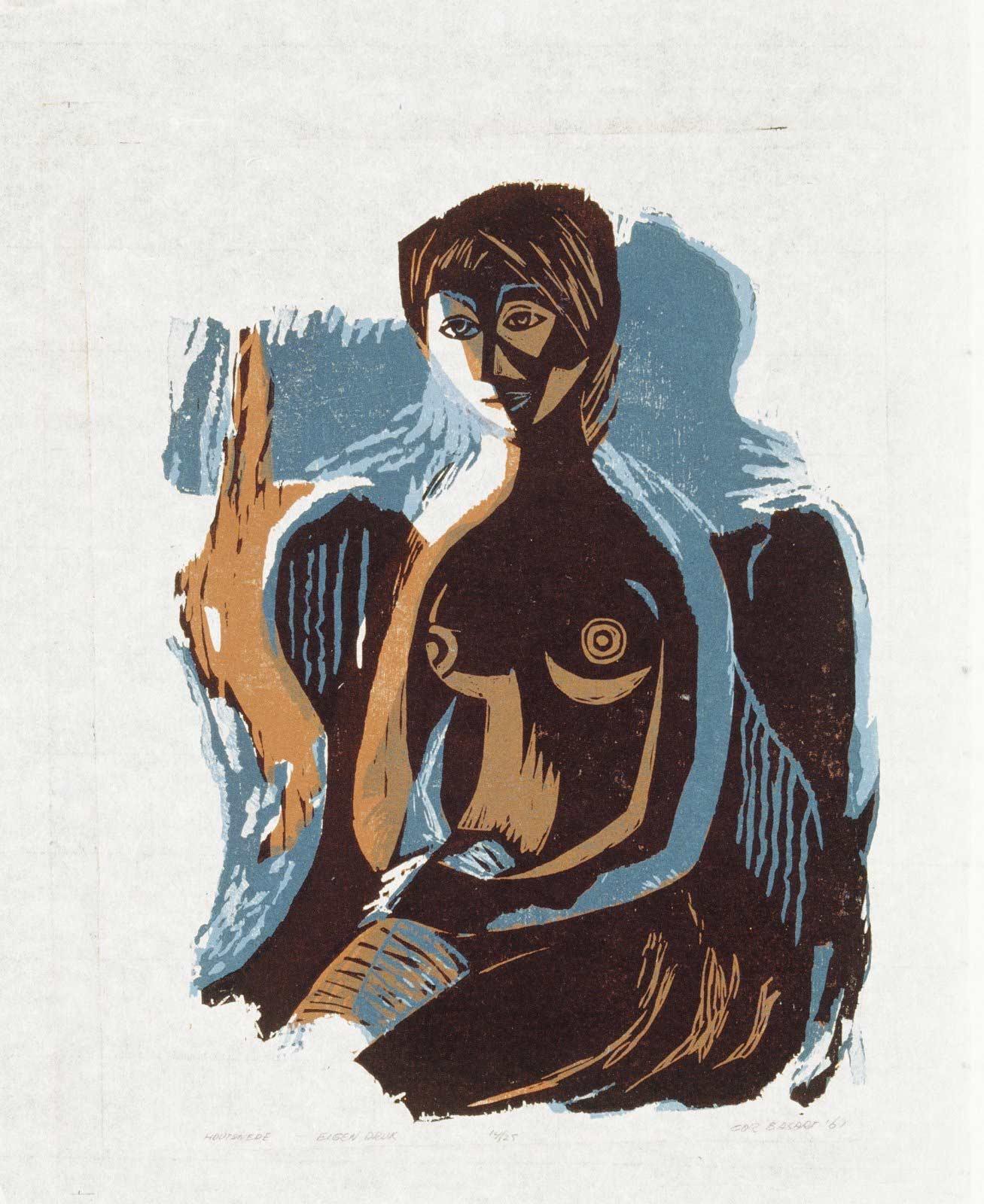 Cor Basart, Seated woman, color woodcut, 1961