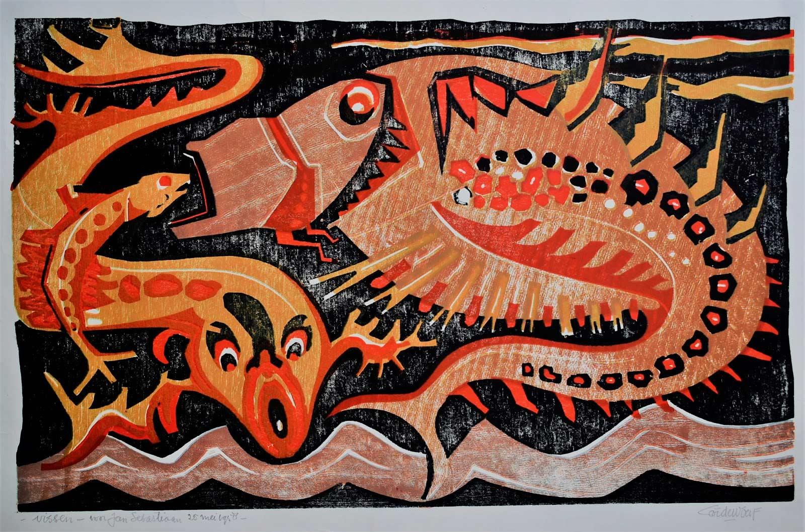 Cor de Wolff, Fishes, color woodcut 1958