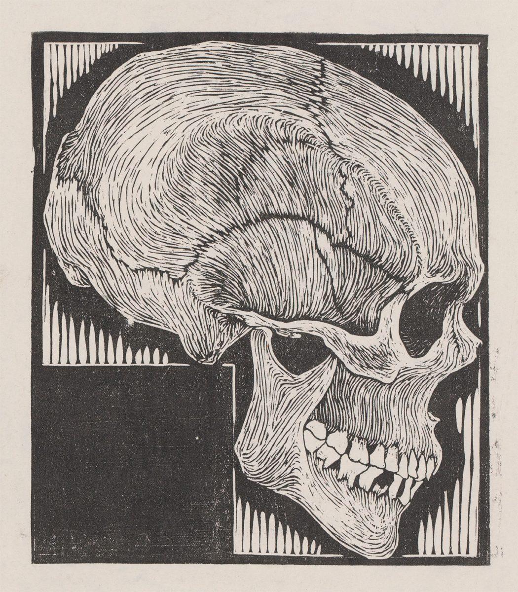 M.C. Escher, doodskop, houtsnede, tweede staat; tegendruk, 1919 of 1920