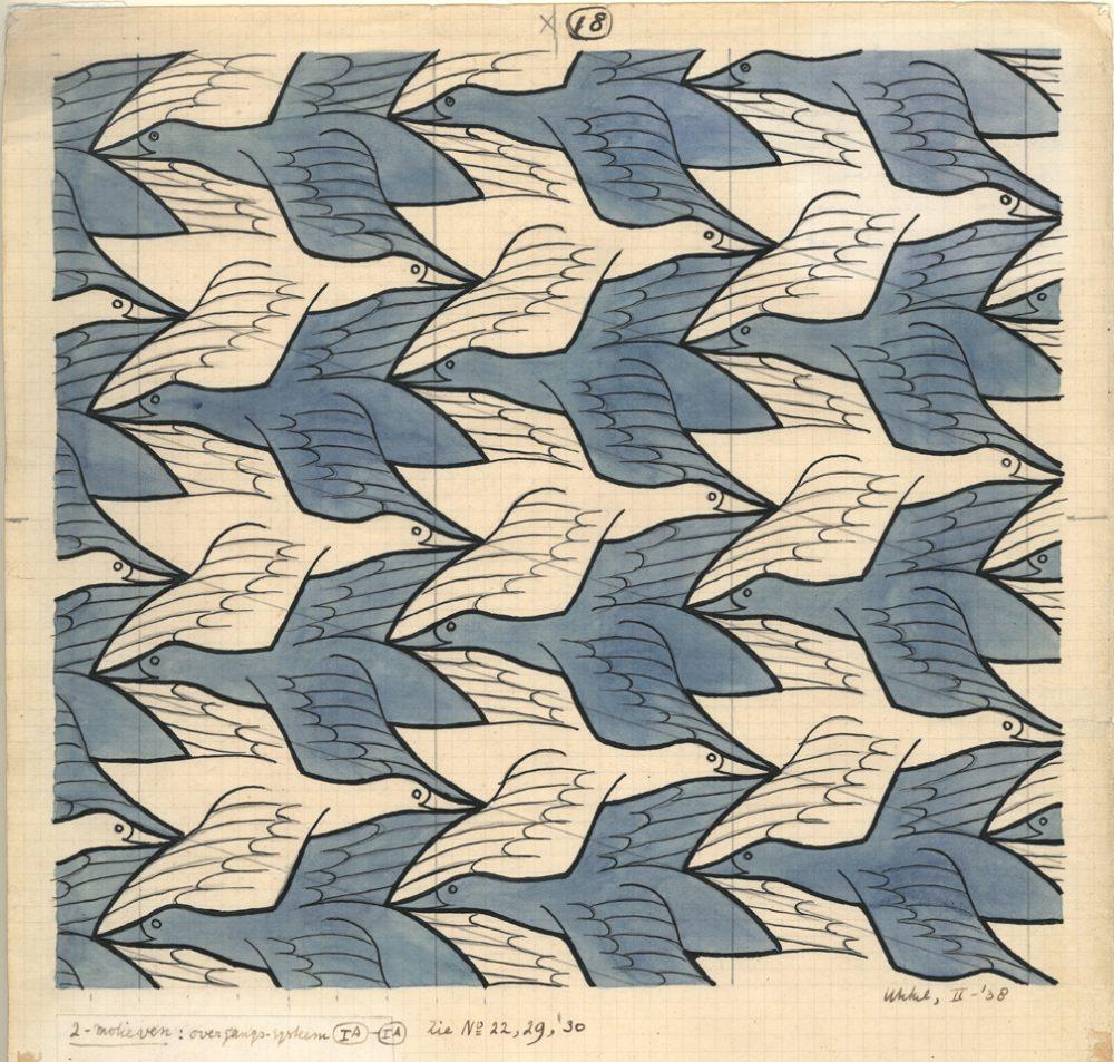 M.C. Escher, Regular Division of the Plane (Birds) no. 18, India ink, pencil and watercolor, February 1938