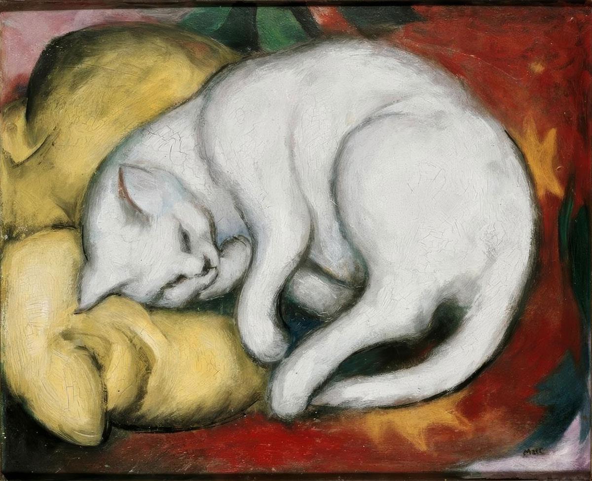 Franz Marc, The White Cat, oil paint on cardboard, 1912. Collection Kunstmuseum Moritzburg Halle (Saale)