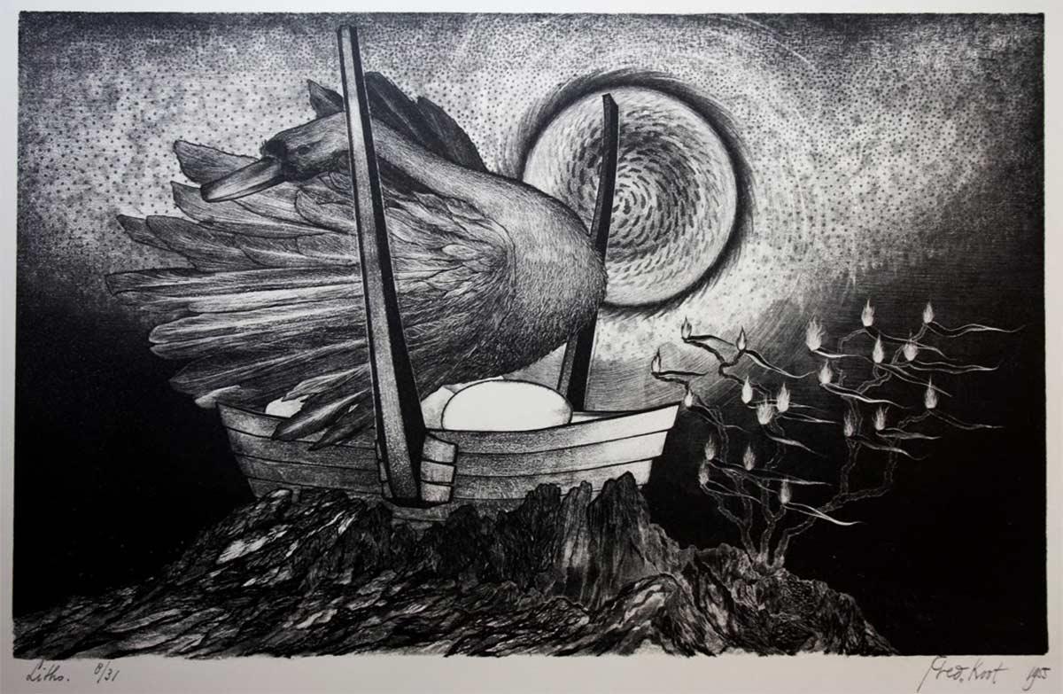 Fred Koot (1927 - 2000), Duck on eggs, lithograph, 1955