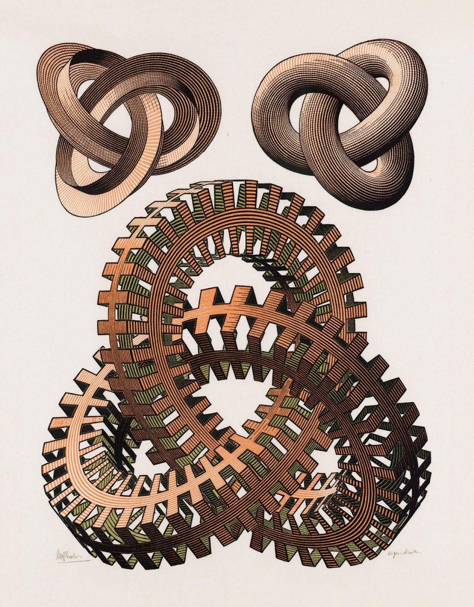 M.C. Escher, Knots, woodcut in black, green and brown, printed from three blocks, August 1965