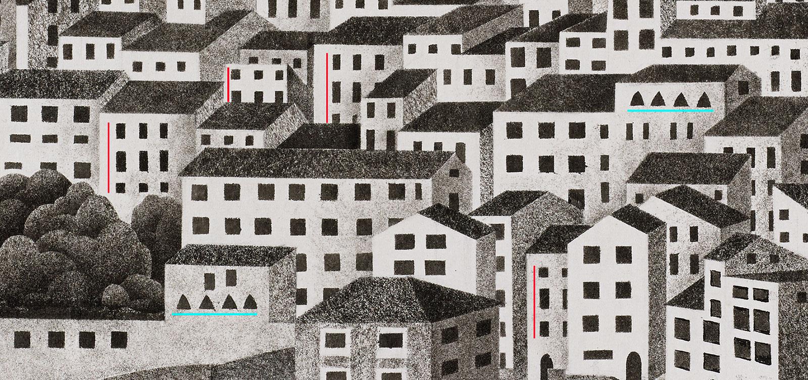 <p>Detail of Montecelio, March 1924, work on paper, india ink and pencil. The coloured lines indicate the elements Escher re-used.</p>