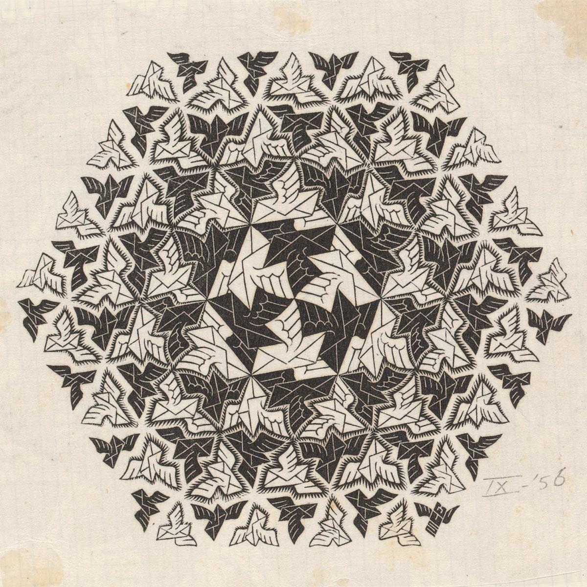M.C. Escher, New Year's greeting card P.T.T., wood engraving, September 1956
