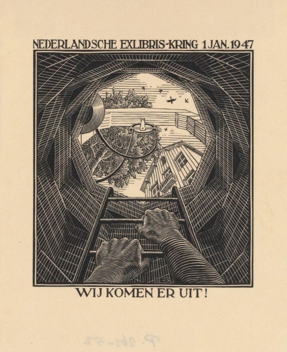 M.C. Escher, Nieuwjaarswens 1947 Nederlandsche ExLibris-Kring, Den Haag, houtsnede, november 1946