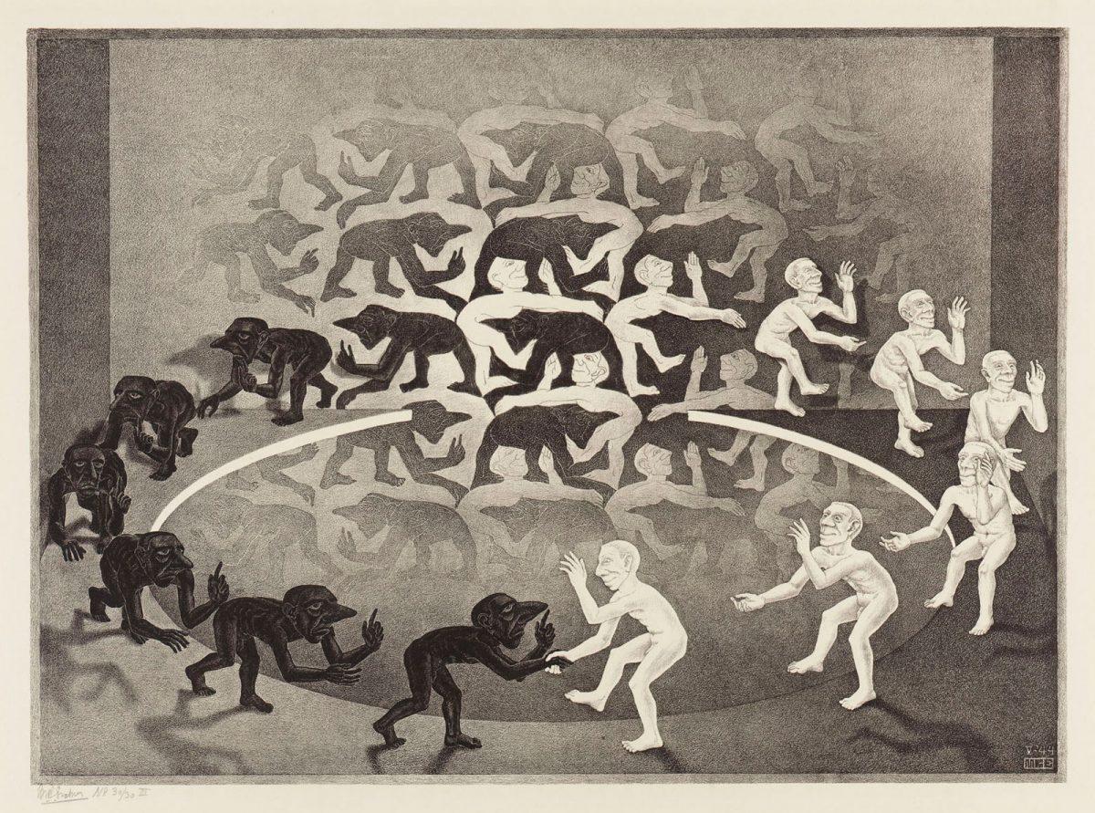 <p>M.C. Escher, Encounter, lithograph, May 1944</p>