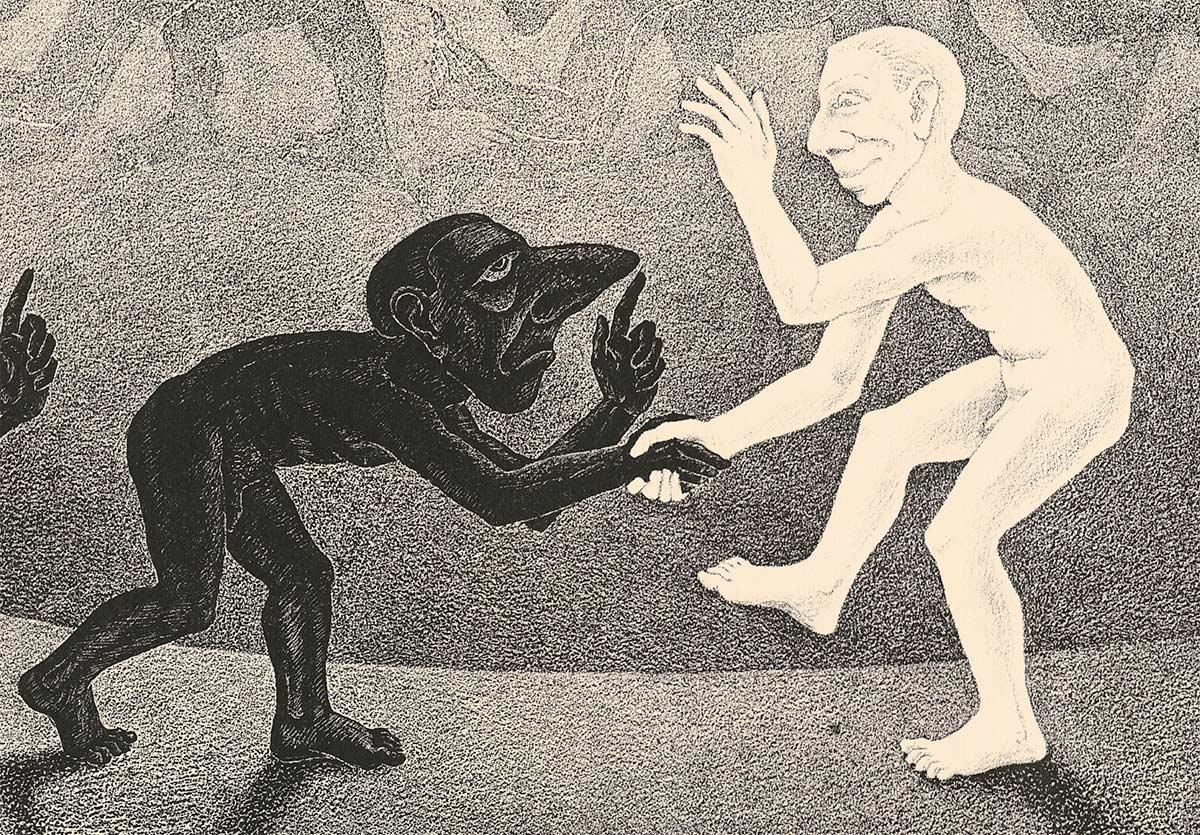 M.C. Escher, Encounter, lithograph, May 1944 (detail)
