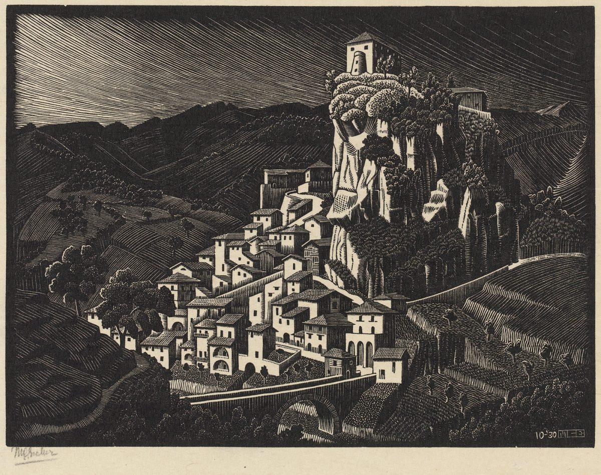 M.C. Escher, Palizzi, Calabria, woodcut, October 1930