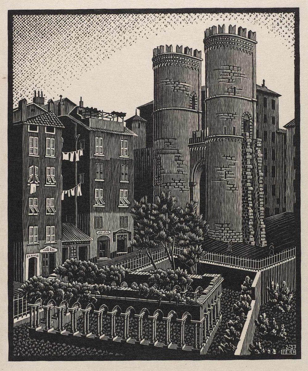 M.C. Escher, Piano di Sant'Andrea, Genua, houtsnede, februari 1937
