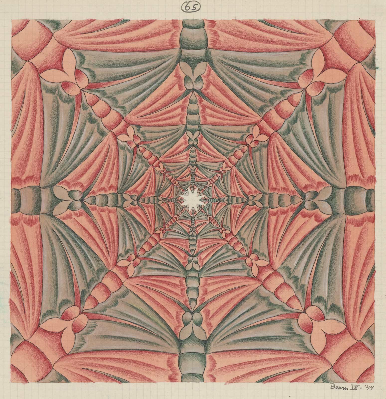 M.C. Escher, Regelmatige vlakverdeling met vlinders, Oostindische inkt, aquarelverf en kleurpotlood op papier, september 1944