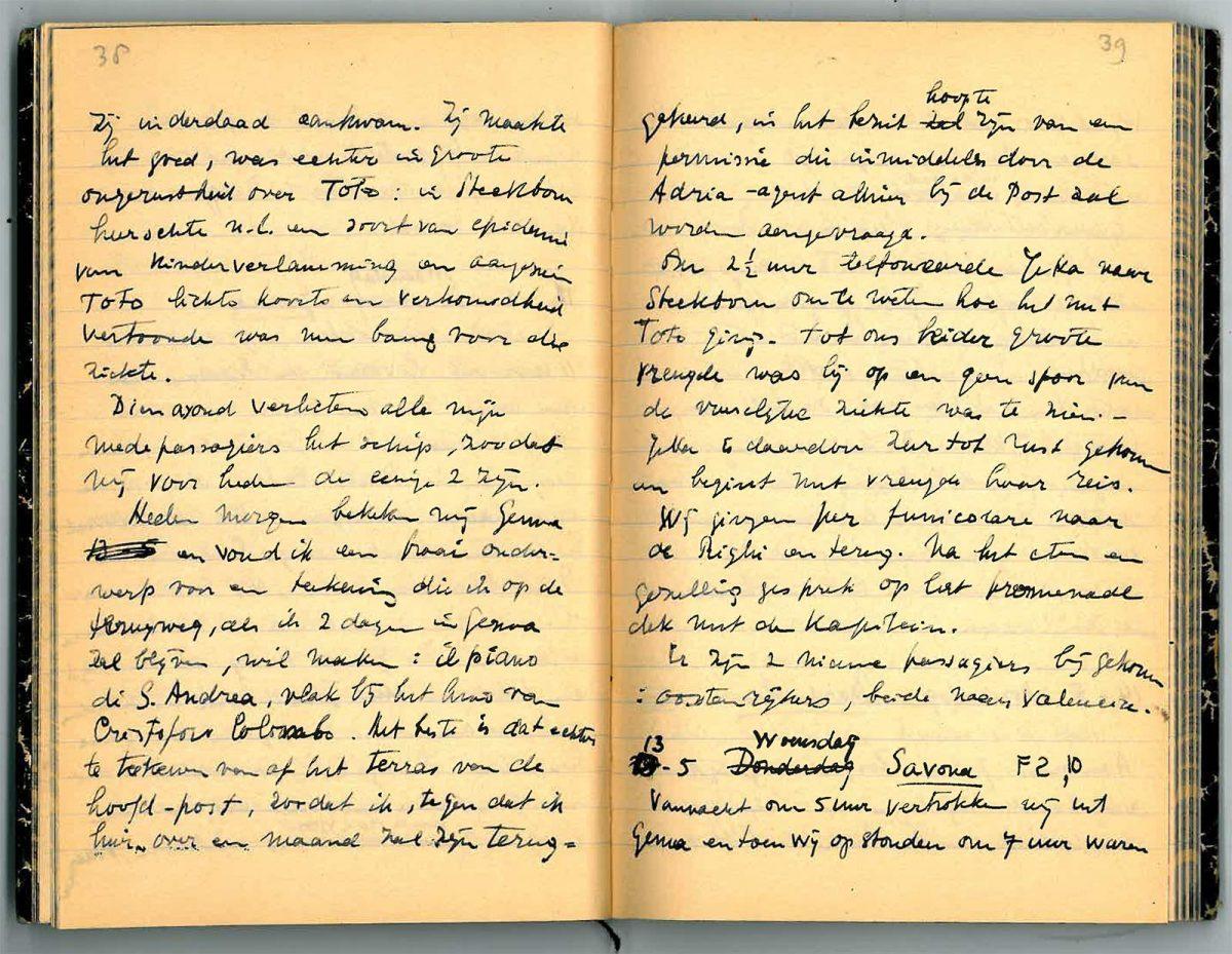 Reisdagboek 1936, met de eerste notitie over de Piano