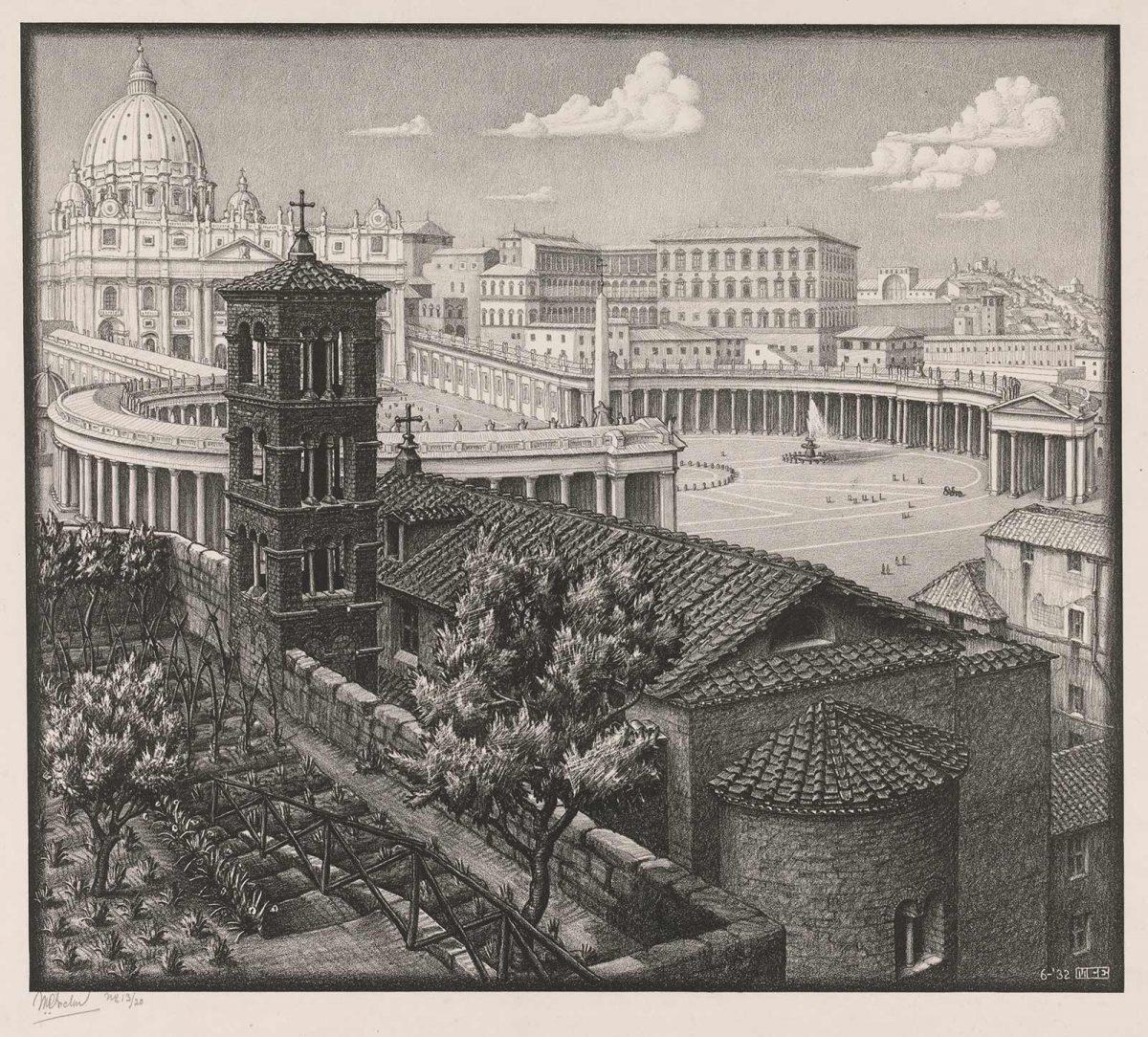 M.C. Escher, San Michele dei Frisoni, Rome (tiende eeuw), litho, juni 1932