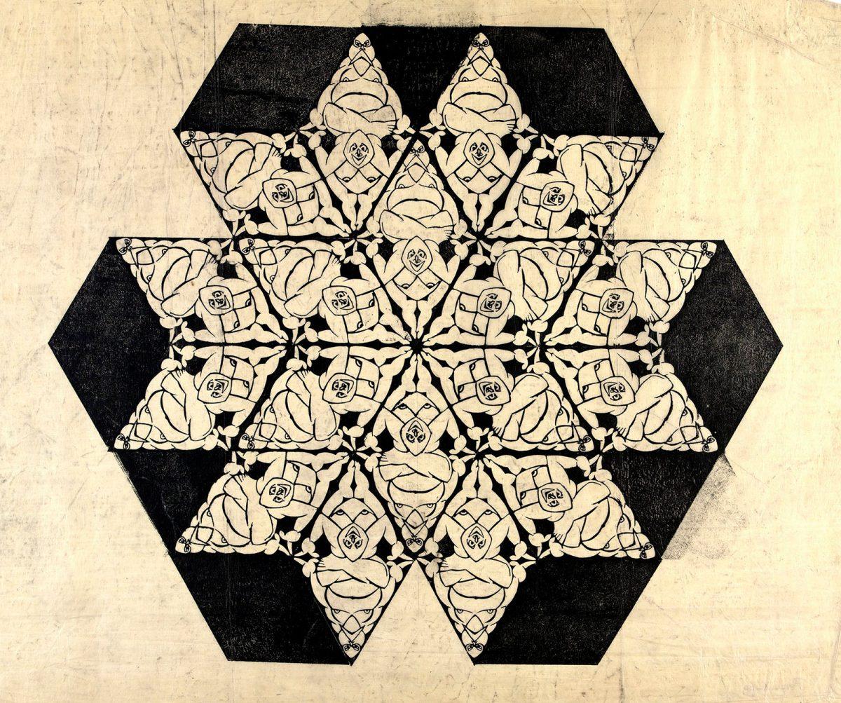 M.C. Escher, Vlakvullingsmotief met mannetjes en vrouwtjes, houtsnede, 1920/1921