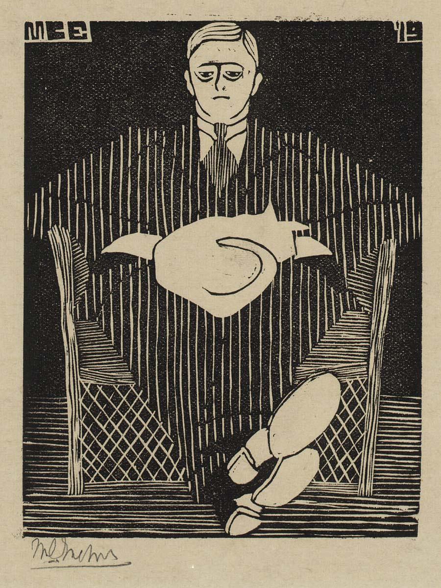 M.C. Escher, Zittende man met poes op schoot, houtsnede, 1919